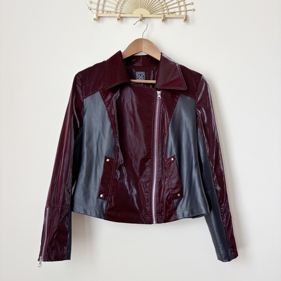 Clara Sunwoo Vinyl + Liquid Leather Panel Zip Cuff Jacket Small Mulberry - Picture 2 of 12